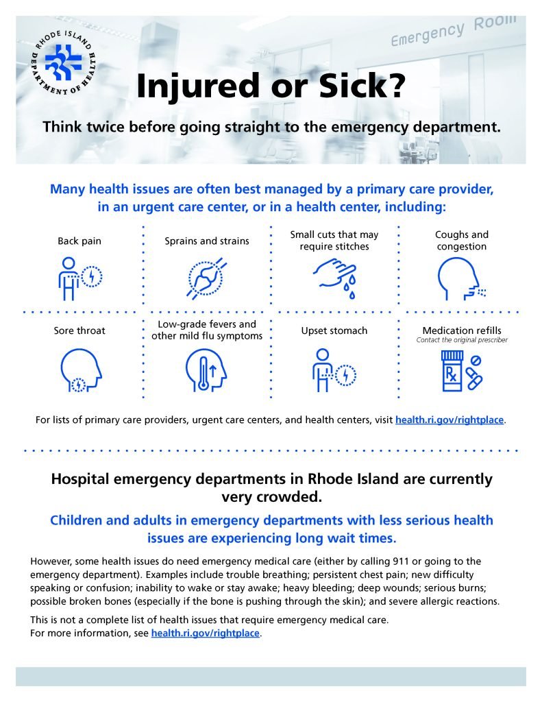 Infographic: When to visit a primary care provider instead of the emergency department. Detailed english text version available below
